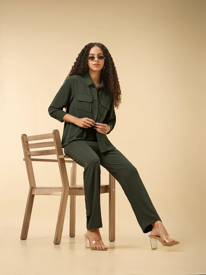 Outzidr  Green Relaxed Fit Shirt With Pocket Details for Women | Best Price UAE