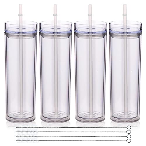 Volhoply 20oz Plastic Skinny Tumblers Bulk 4 PackDouble Wall Tumbler with Lid and StrawReusable Travel Iced Coffee MugBPA Free Matte Acrylic Water Cups with Straw for PartiesDIY GiftsClear4 Set - Image 1