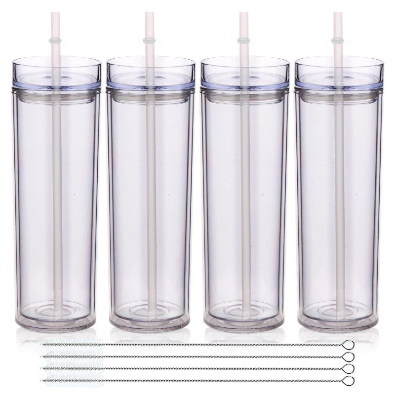 Volhoply 20oz Plastic Skinny Tumblers Bulk 4 PackDouble Wall Tumbler with Lid and StrawReusable Travel Iced Coffee MugBPA Free Matte Acrylic Water Cups with Straw for PartiesDIY GiftsClear4 Set - Image 2