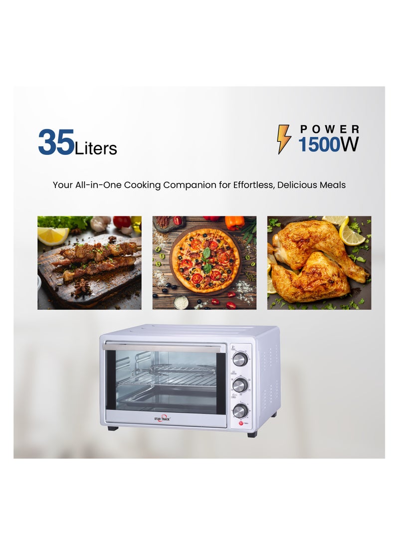STAR TRACK 35L Electric Oven with Rotisserie, Convection, 120-Min Timer, Temperature Control 100°C-250°C, Up/Down and Dual Function, 3 Knob Control, 5 Baking Accessories, Stainless Steel Body and Handle, 1500W 35 L 1500 W ST-35SSW-EO1500 white - Image 4