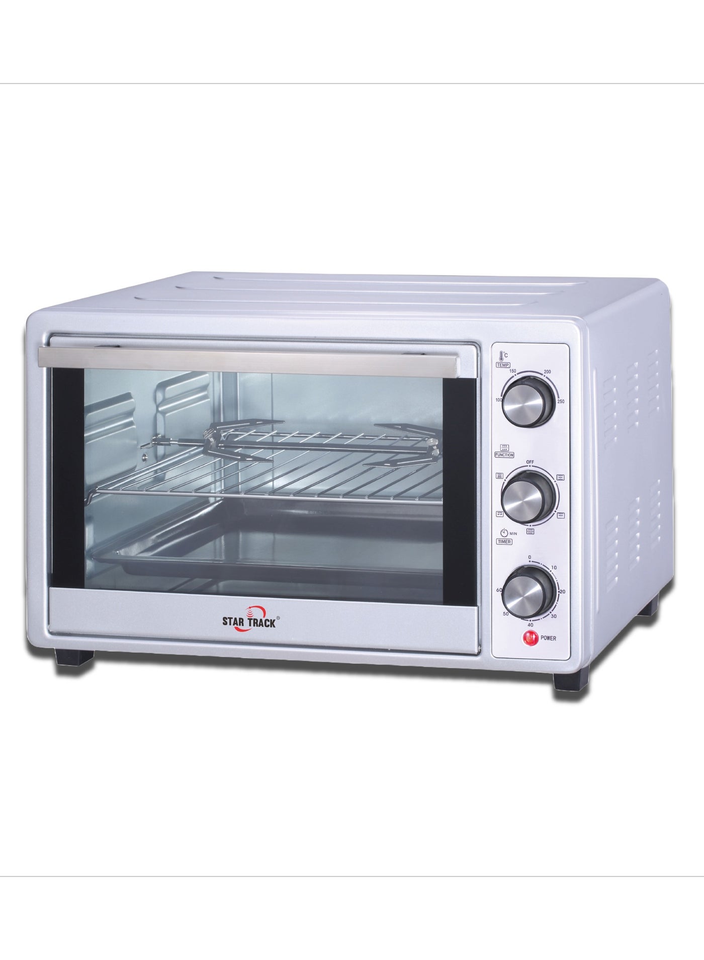STAR TRACK 35L Electric Oven with Rotisserie, Convection, 120-Min Timer, Temperature Control 100°C-250°C, Up/Down and Dual Function, 3 Knob Control, 5 Baking Accessories, Stainless Steel Body and Handle, 1500W 35 L 1500 W ST-35SSW-EO1500 white