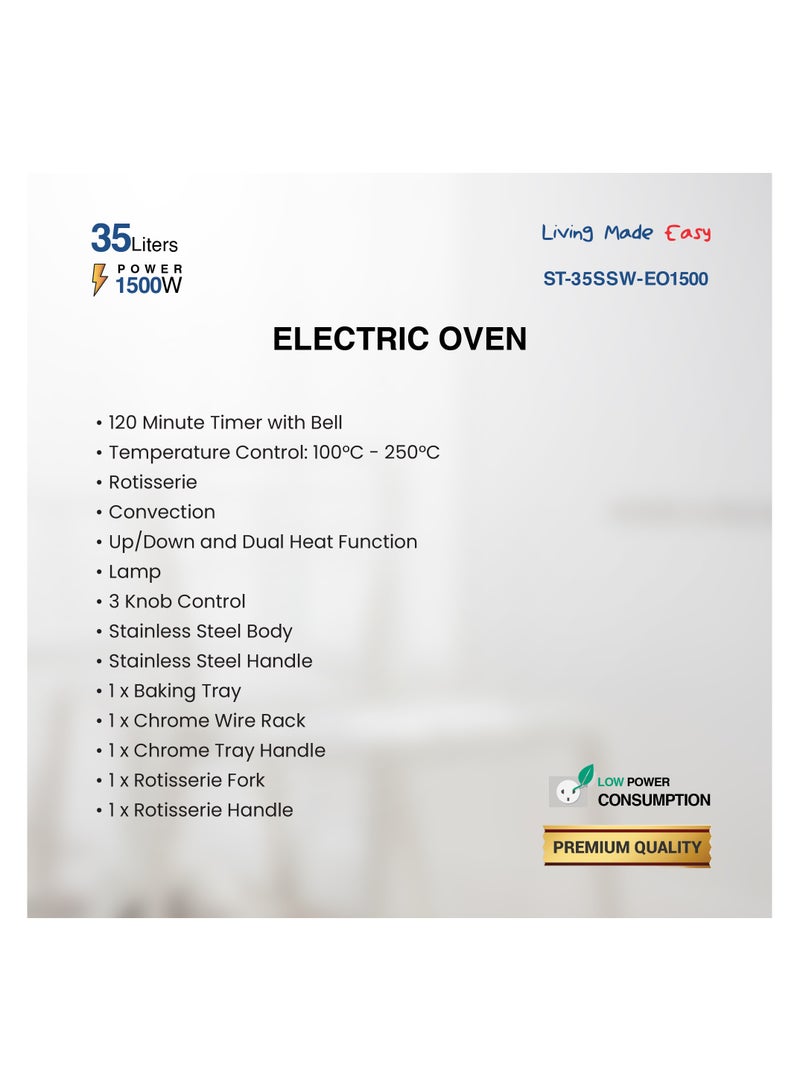 STAR TRACK 35L Electric Oven with Rotisserie, Convection, 120-Min Timer, Temperature Control 100°C-250°C, Up/Down and Dual Function, 3 Knob Control, 5 Baking Accessories, Stainless Steel Body and Handle, 1500W 35 L 1500 W ST-35SSW-EO1500 white - Image 5