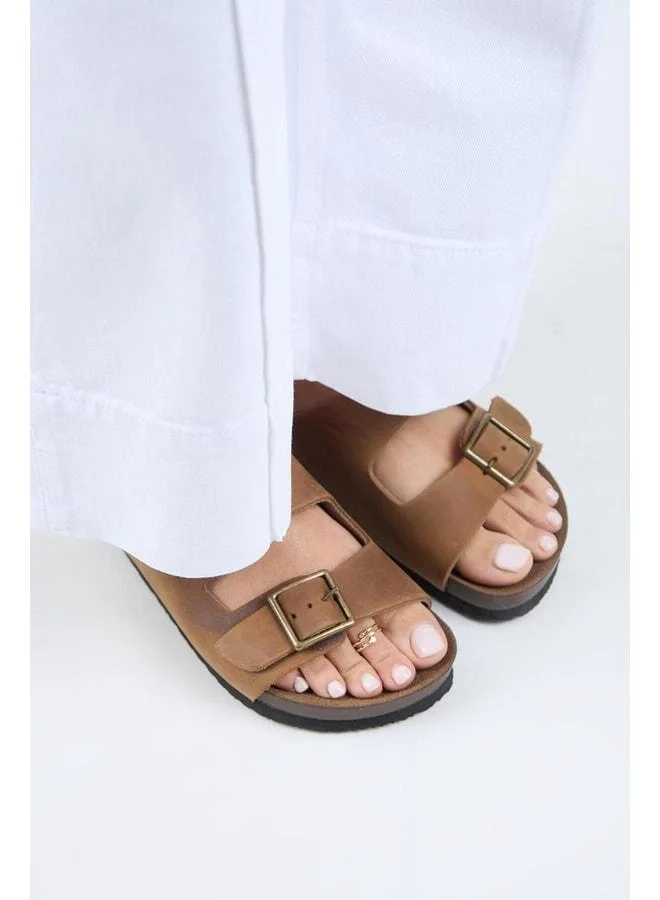 Manijero  (Anjelic Distressed) Women's Genuine Leather Double Buckle Coffee Slippers. for Women | Best Price UAE