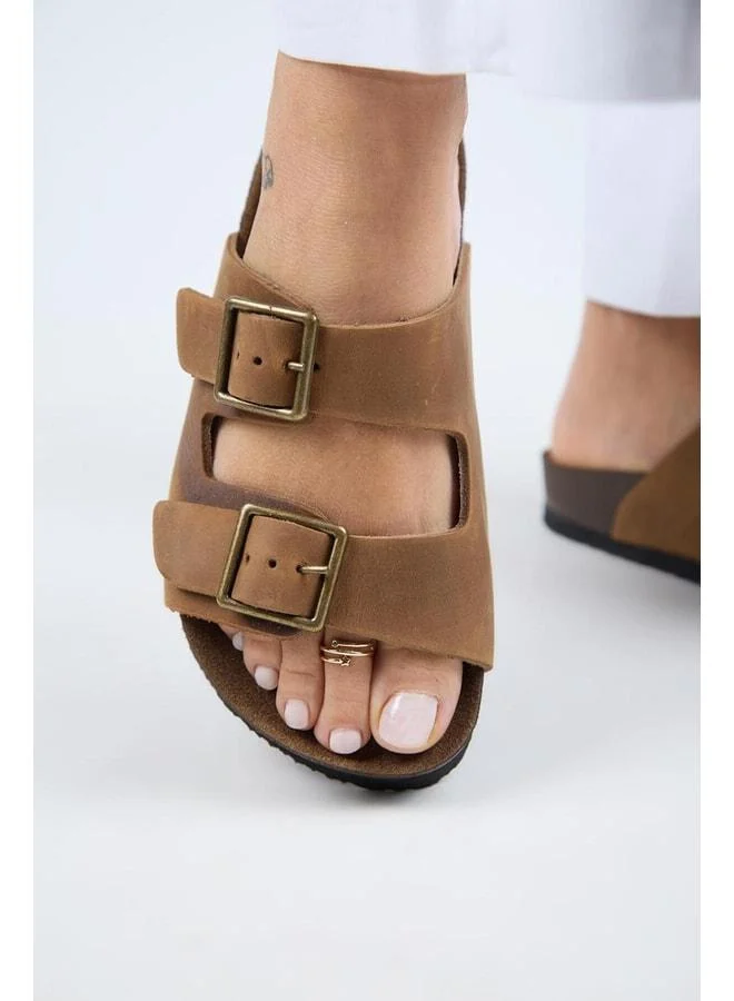 (Anjelic Distressed) Women's Genuine Leather Double Buckle Coffee Slippers.