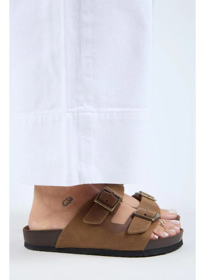 Manijero  (Anjelic Distressed) Women's Genuine Leather Double Buckle Coffee Slippers. for Women | Best Price UAE