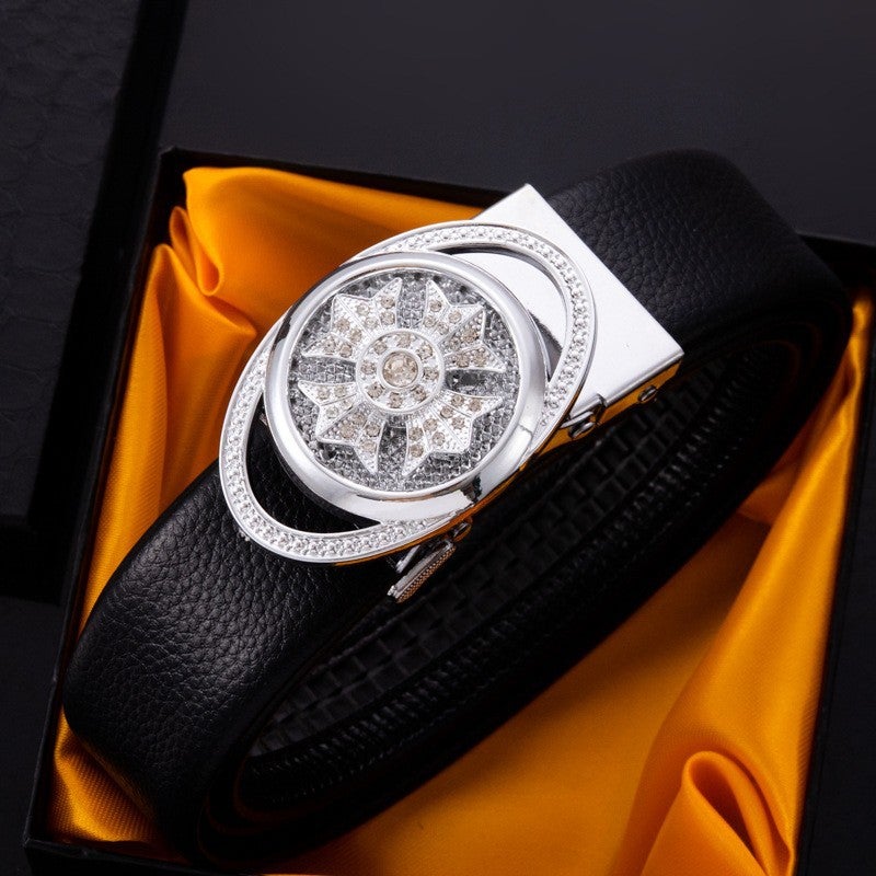 Mens Casual Business Belt with Diamond Automatic Buckle Star silver is running in time with full wrap-B