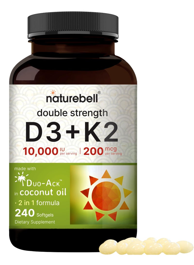 NatureBell Vitamin D3 + K2 Double Strength – 10,000 IU D3 & 200mcg K2 Supplement with Coconut Oil – 240 Softgels - Image 1