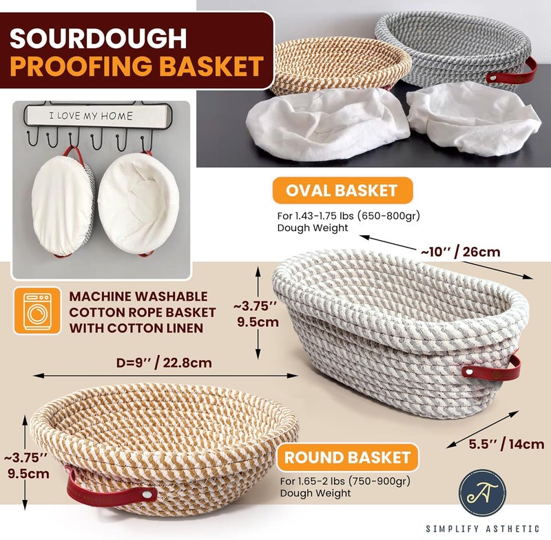 SIMPLIFY ASTHETIC Sourdough Starter Kit with 35oz Jar, 2 Cotton Rope Proofing Baskets (9" round & 10" oval), Recipe Book,Thermometer, Bread Lame, Silicone Spatula & Bread Bag - Complete Sourdough Baking Supplies &Tools - Image 3