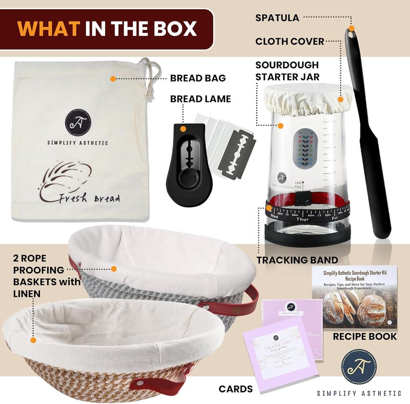 SIMPLIFY ASTHETIC Sourdough Starter Kit with 35oz Jar, 2 Cotton Rope Proofing Baskets (9" round & 10" oval), Recipe Book,Thermometer, Bread Lame, Silicone Spatula & Bread Bag - Complete Sourdough Baking Supplies &Tools - Image 2