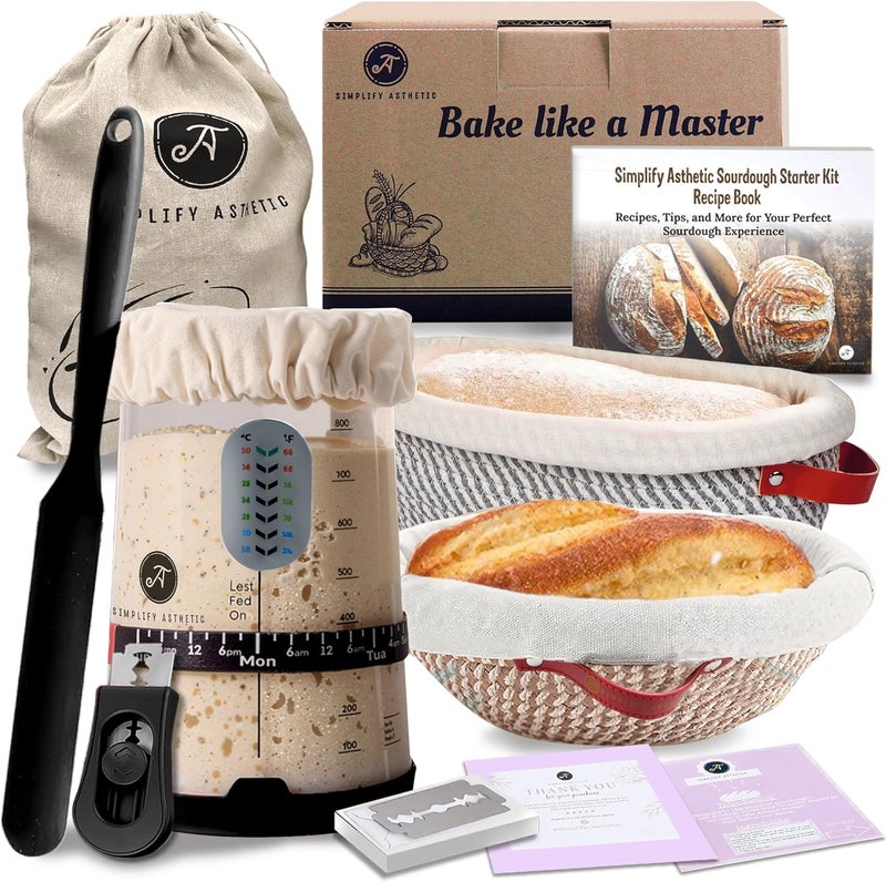SIMPLIFY ASTHETIC Sourdough Starter Kit with 35oz Jar, 2 Cotton Rope Proofing Baskets (9" round & 10" oval), Recipe Book,Thermometer, Bread Lame, Silicone Spatula & Bread Bag - Complete Sourdough Baking Supplies &Tools - Image 1
