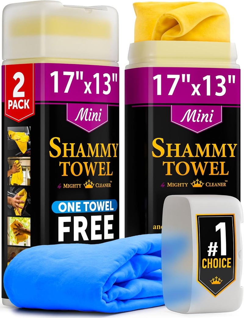 Mighty Cleaner قماش شمواه فاخر للسيارة - عبوتان - منشفة شامي صغيرة للسيارة (17 × 13 انش) - (أنبوبين + منشفة شمواه إضافية)، من مايتي كلينر - Image 1