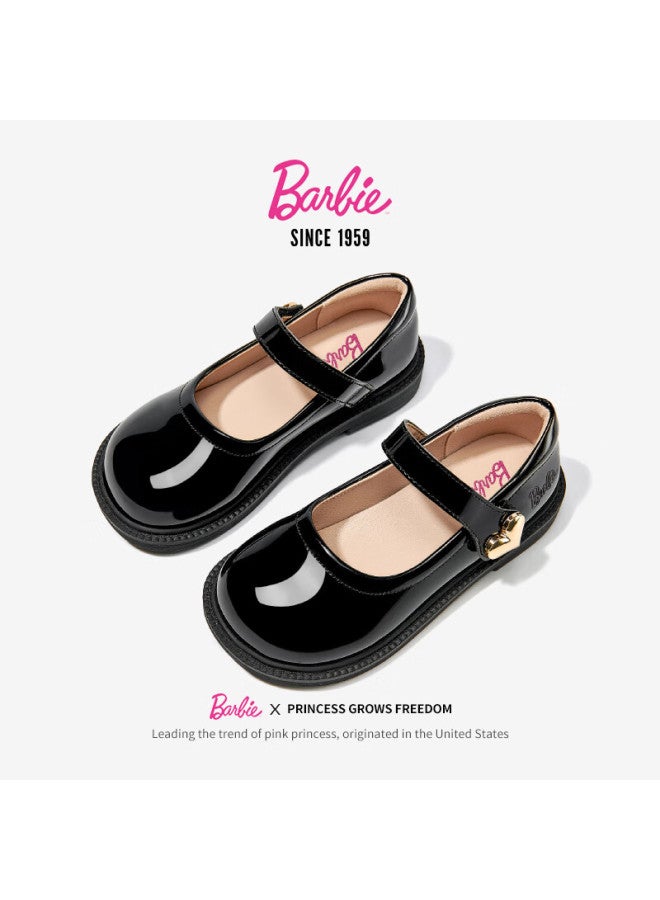Barbie حذاء باربي للفتيات الربيع والخريف من الجلد بطبقة واحدة، حذاء طالب لأداء الحرم الجامعي، حذاء جلد أسود لامع، موديل Da6711 باللون الأسود، مقاس 29 - Image 2
