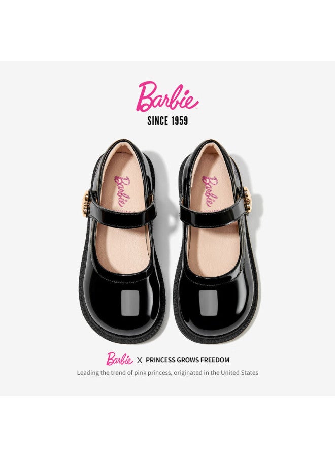 Barbie حذاء باربي للفتيات الربيع والخريف من الجلد بطبقة واحدة، حذاء طالب لأداء الحرم الجامعي، حذاء جلد أسود لامع، موديل Da6711 باللون الأسود، مقاس 29 - Image 3