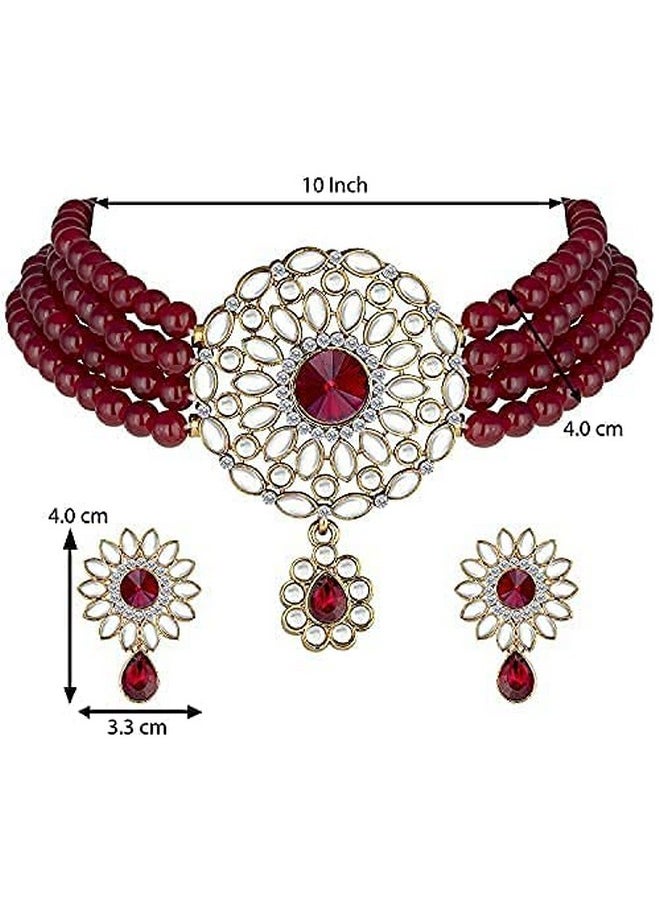 Aheli Kundan Pearl Choker Multi Layered Necklace Earrings Set Indian Traditional Wedding Jewelry For Women Girls (Maroon)  - Image 4