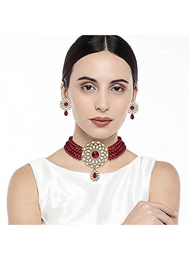Aheli Kundan Pearl Choker Multi Layered Necklace Earrings Set Indian Traditional Wedding Jewelry For Women Girls (Maroon)  - Image 5