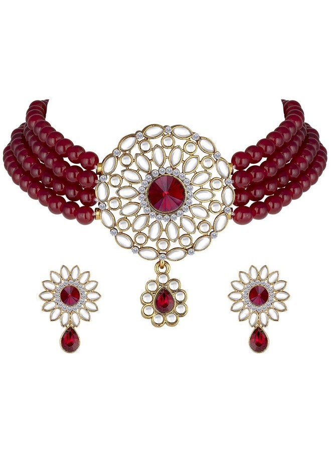 Aheli Kundan Pearl Choker Multi Layered Necklace Earrings Set Indian Traditional Wedding Jewelry For Women Girls (Maroon)  - Image 1