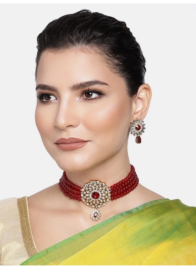 Aheli Kundan Pearl Choker Multi Layered Necklace Earrings Set Indian Traditional Wedding Jewelry For Women Girls (Maroon)  - Image 2