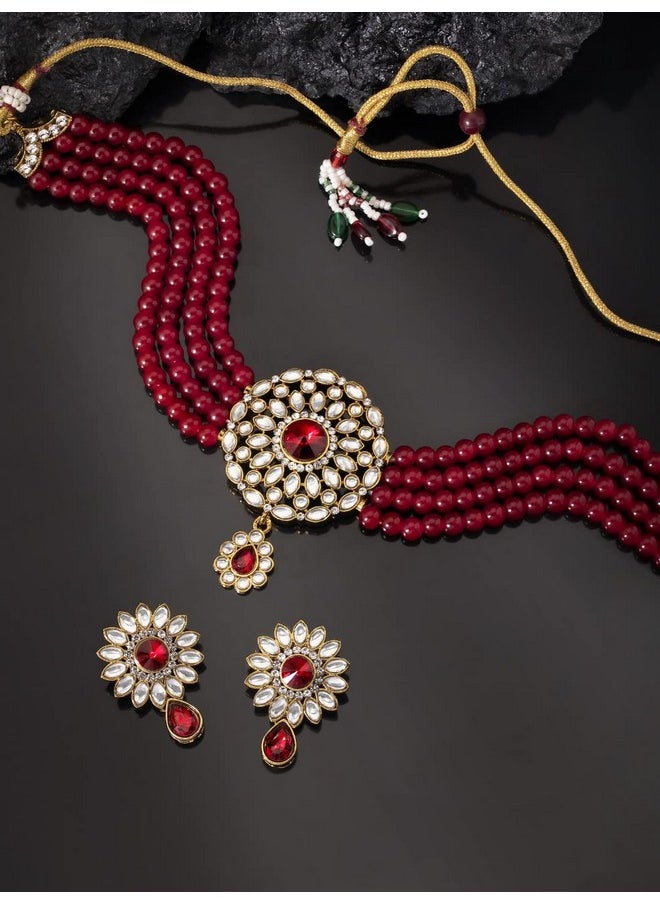 Aheli Kundan Pearl Choker Multi Layered Necklace Earrings Set Indian Traditional Wedding Jewelry For Women Girls (Maroon)  - Image 3