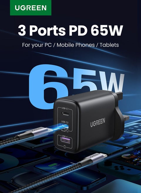 GaN 65W Charger Type C 2C1A Adapter USB C Wall Plug iPhone Charger USB Type C Multi-Ports Adapter Samsung 45W Fast Charging Supported Compatible with Galaxy S25 S24 Ultra iPhone 16 Series  Xiaomi -