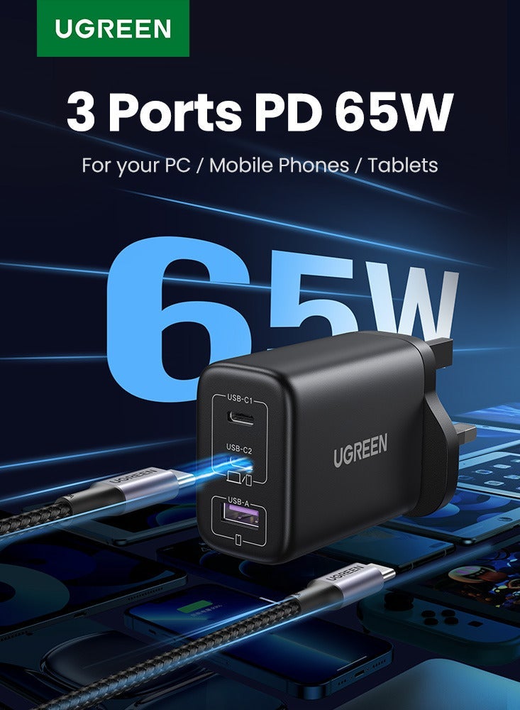 يو جرين شاحن GaN وات 65 من تايب سي محول 2C1A بمقبس حائط USB C شاحن آيفون محول متعدد المنافذ USB تايب سي يدعم الشحن السريع 45 وات من سامسونج متوافق مع سامسونج جالاكسي S25 S24 التار وسلسلة آيفون 16 وشاومي - Image 1