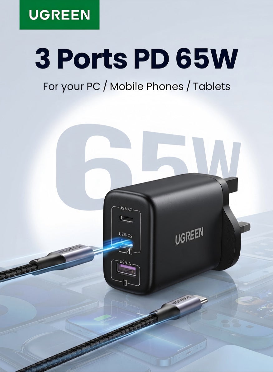 GaN 65W Charger Type C 2C1A Adapter USB C Wall Plug iPhone Charger USB Type C Multi-Ports Adapter Samsung 45W Fast Charging Supported Compatible with Galaxy S25 S24 Ultra iPhone 16 Series Xiaomi -