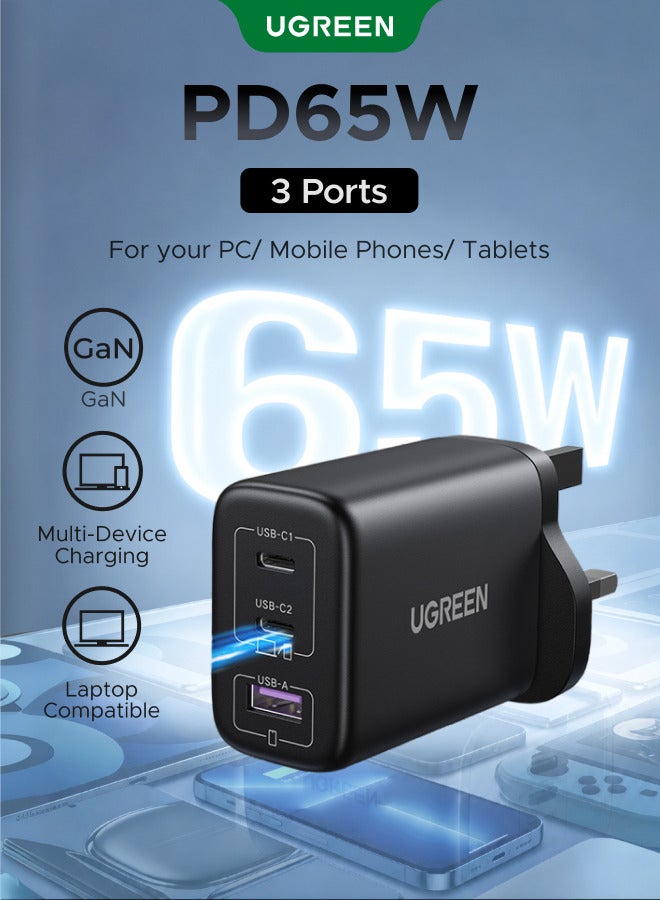 Ugreen 65W USB-C Charger GaN 3-Port (2C1A) Fast Wall Charging Adapter, 65W Power Delivery Plug Compatible with iPhone 17, iPhone 16 Pro Max, Samsung Galaxy S25 S24 Ultra, Xiaomi, MacBook -Black 65W 2C1A Black 65W 2C1A Black - Image 1