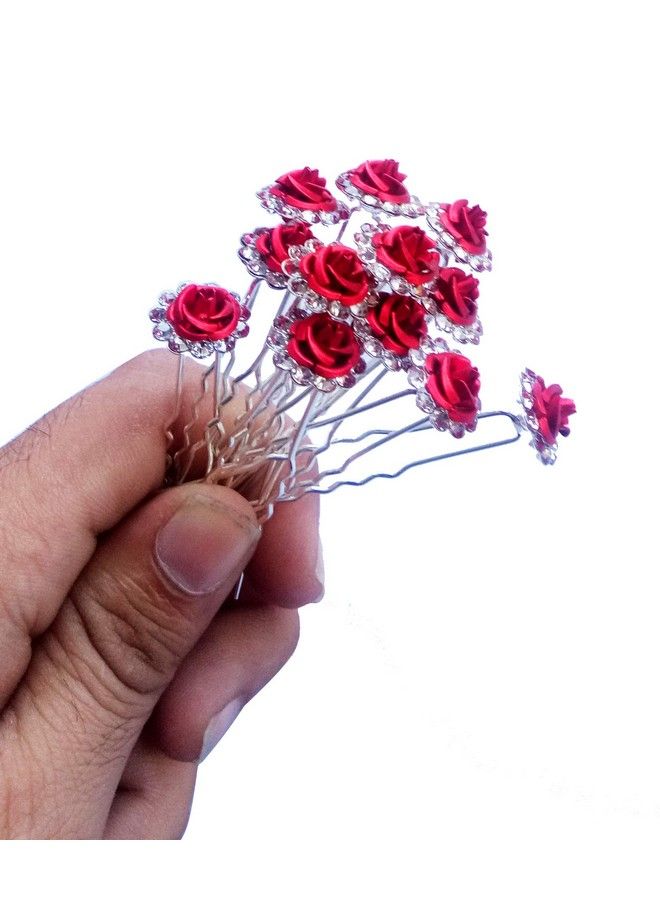 Foreign Holics Imported Flower Crystal Rhinestone With Red Flower Juda Pinhair Pins Multicolor (12 Pcs) - Image 2