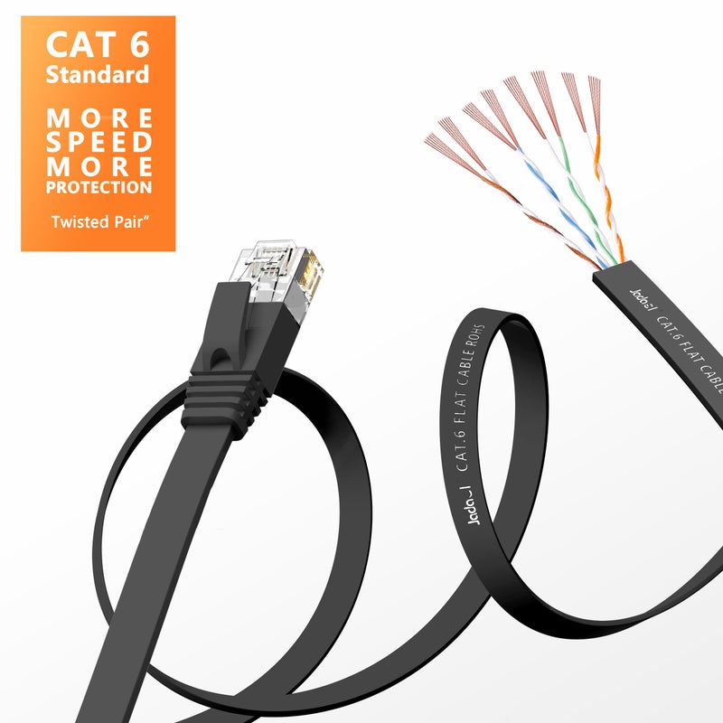 Jadaol Cat 6 Ethernet Cable 50 ft, Outdoor & Indoor, 10Gbps Support Cat8 Cat7 Network, Heavy Duty Flat Internet LAN Patch Cord, Fast Speed Weatherproof Cable with Clips for Router, Modem, PS4/5, Xbox, Black - Image 3