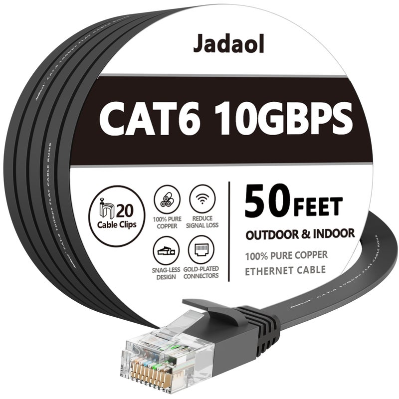 Jadaol Cat 6 Ethernet Cable 50 ft, Outdoor & Indoor, 10Gbps Support Cat8 Cat7 Network, Heavy Duty Flat Internet LAN Patch Cord, Fast Speed Weatherproof Cable with Clips for Router, Modem, PS4/5, Xbox, Black - Image 1