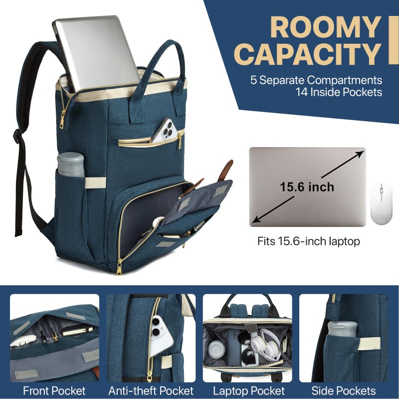 aocrin Lunch Backpack, 15.6 Inch Laptop Backpack with USB Port, Stylish Nurse, Teacher and Work Bag with Insulated Cooler Lunch Box for Women, Blue - Image 3