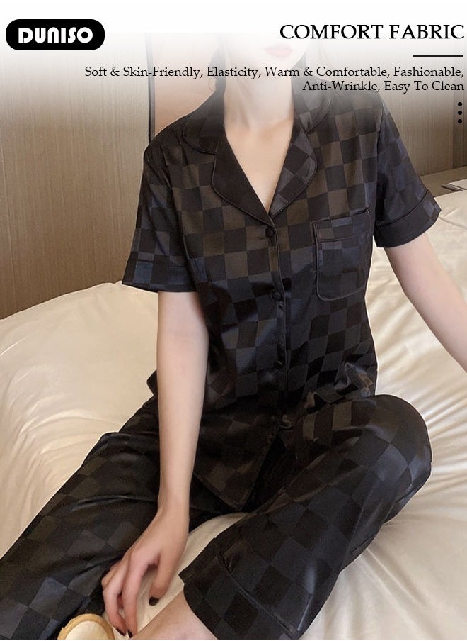 DUNISO - 2- Piece Women's Soft Pajamas Set Long Sleeve Silky Pajama Set with Plaid Print Sleepwear Loungewear Button-Down Night Suit Pajama Sets Spring and Autumn Night Wear - Image 1