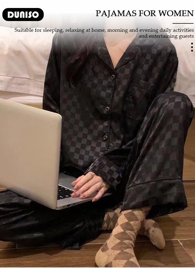 DUNISO - 2- Piece Women's Soft Pajamas Set Long Sleeve Silky Pajama Set with Plaid Print Sleepwear Loungewear Button-Down Night Suit Pajama Sets Spring and Autumn Night Wear - Image 1