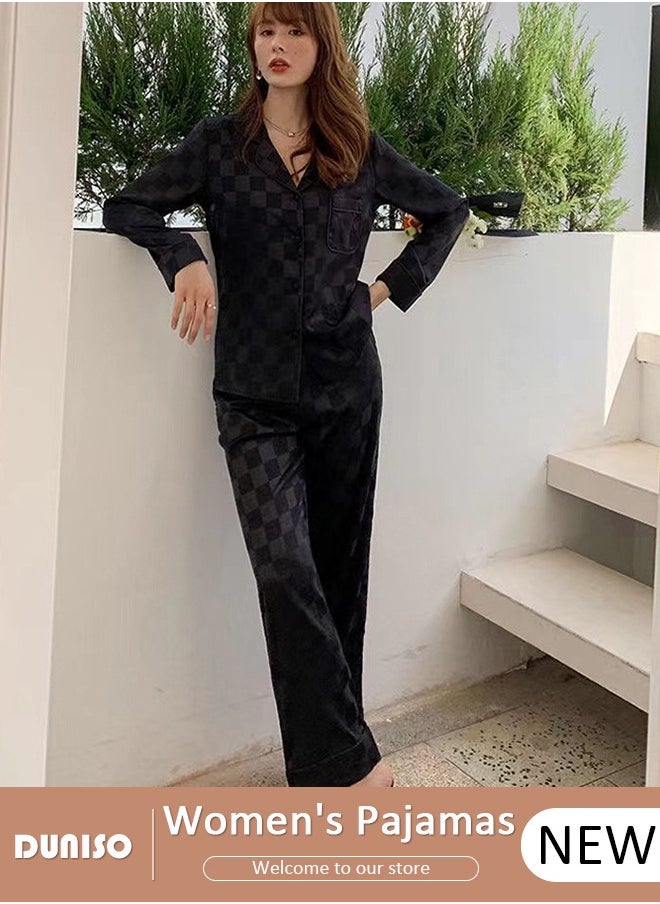 DUNISO - 2- Piece Women's Soft Pajamas Set Long Sleeve Silky Pajama Set with Plaid Print Sleepwear Loungewear Button-Down Night Suit Pajama Sets Spring and Autumn Night Wear - Image 1