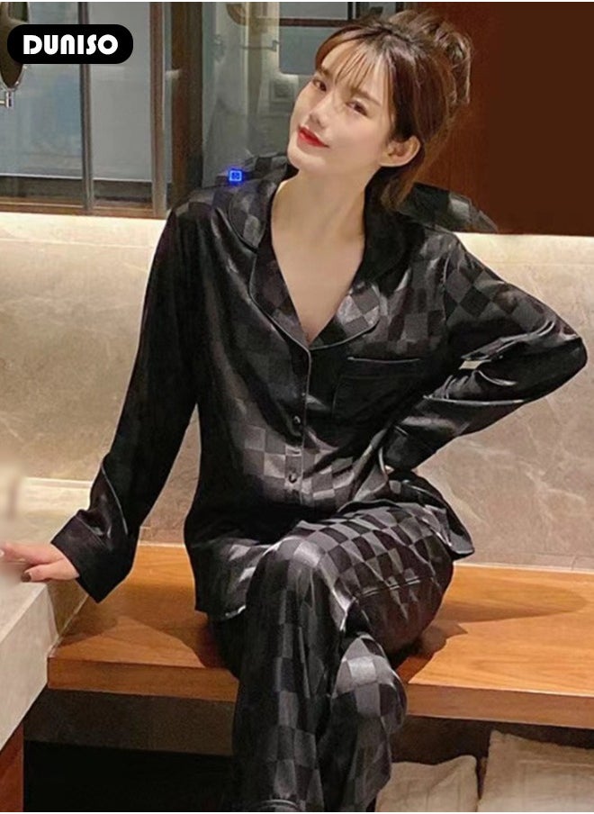 DUNISO - 2- Piece Women's Soft Pajamas Set Long Sleeve Silky Pajama Set with Plaid Print Sleepwear Loungewear Button-Down Night Suit Pajama Sets Spring and Autumn Night Wear - Image 1