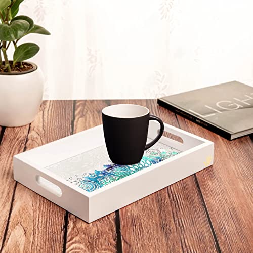 BRAHMA DESIGN Serving Tray | Abstract Flowers Design with White Border | Rectangular 8" x 12" Wooden Tray for Serving | Tray for Decoration with Cut-Out Handles - Image 4