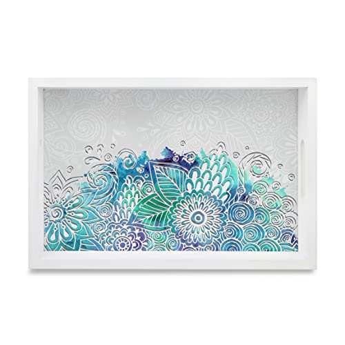 BRAHMA DESIGN Serving Tray | Abstract Flowers Design with White Border | Rectangular 8" x 12" Wooden Tray for Serving | Tray for Decoration with Cut-Out Handles - Image 1