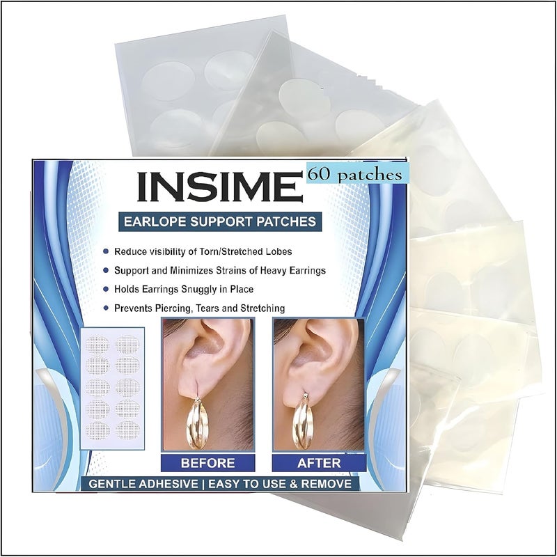 INSIME دعامات شحمة الأذن للأقراط (60 لصقة) | لصقات الأذن للأقراط الثقيلة | دعامة شحمة الأذن غير المرئية للأقراط الثقيلة | شريط أذن مقاوم للماء لصقة قفل الأقراط | لصقات دعم قفل الأذن - Image 1