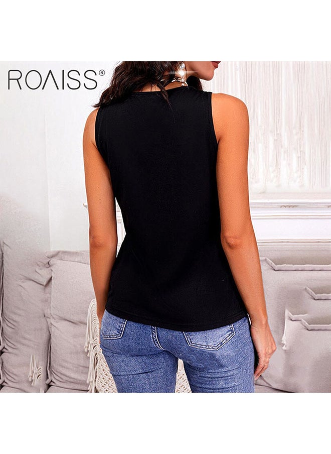 roaiss - قمصان نسائية بدون أكمام بفتحة رقبة على شكل حرف V مزينة بترتر لامع وجذاب عند خط العنق، بلوزة أنيقة فضفاضة بدون أكمام مع تنوع كلاسيكي - Image 1