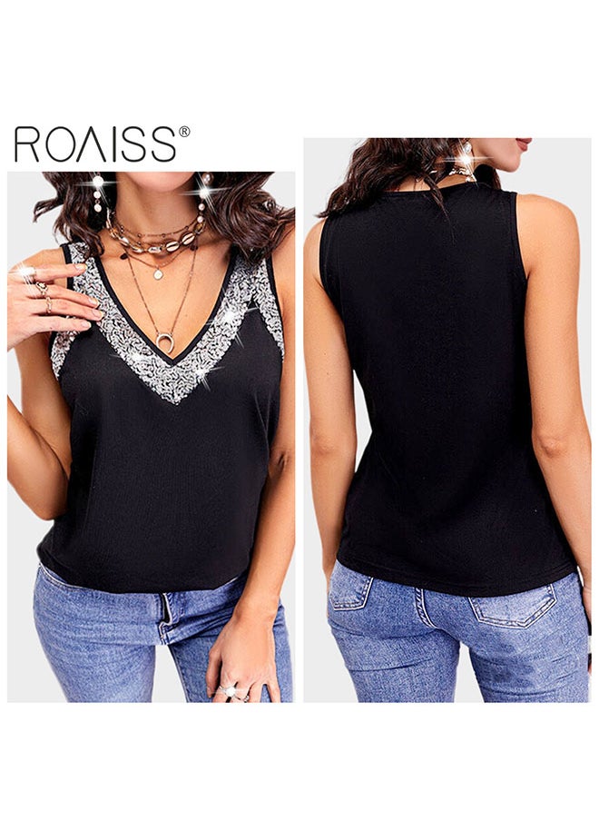 roaiss - قمصان نسائية بدون أكمام بفتحة رقبة على شكل حرف V مزينة بترتر لامع وجذاب عند خط العنق، بلوزة أنيقة فضفاضة بدون أكمام مع تنوع كلاسيكي - Image 1
