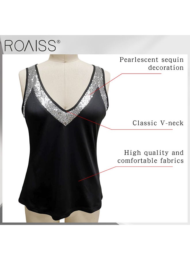 roaiss - قمصان نسائية بدون أكمام بفتحة رقبة على شكل حرف V مزينة بترتر لامع وجذاب عند خط العنق، بلوزة أنيقة فضفاضة بدون أكمام مع تنوع كلاسيكي - Image 1