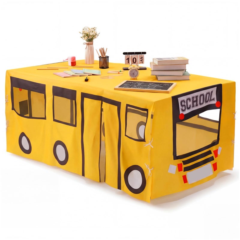 Oudain 10ft x 7.5ft Large Playhouse Table Cloth Table Fort Tent Cover Playhouse Indoor Outdoor Tablecloth for Birthday Party Playground Play Accessory (Yellow Color, School Bus Style) - Image 1