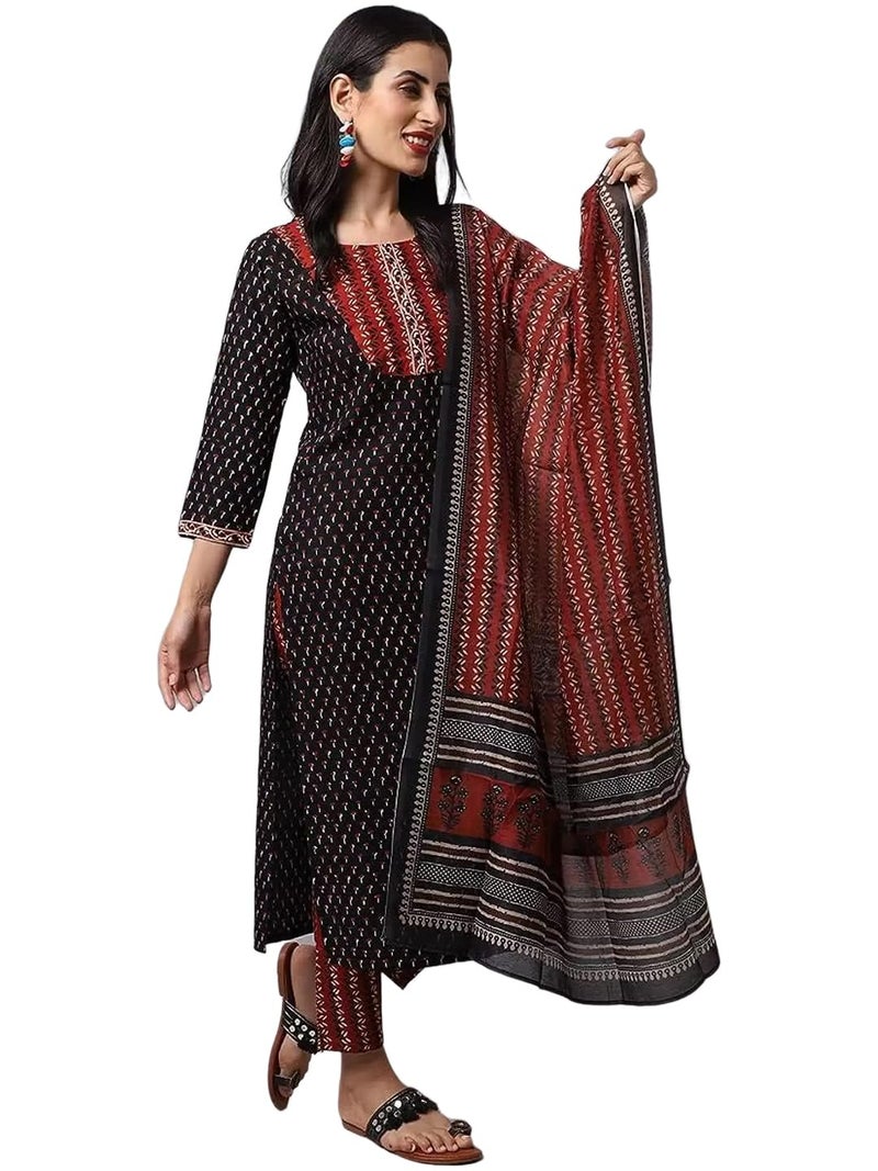 Tee Projekt Women's Cotton Blend Straight Kurta Pant with Dupatta Set ll Round Neck Kurta ll Kurta Set for Women Black - Image 1