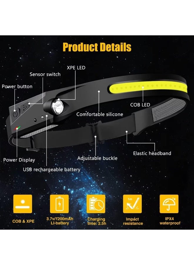كيو المصابيح الأمامية قابلة لإعادة الشحن، مصباح رأس عريض 230 درجة مزود بمستشعر الحركة للبالغين -ملحقات التخييم ترس، ضوء رأس مقاوم للماء مصباح وميض للمشي والجري والإصلاح والصيد وركوب الدراجات - Image 5