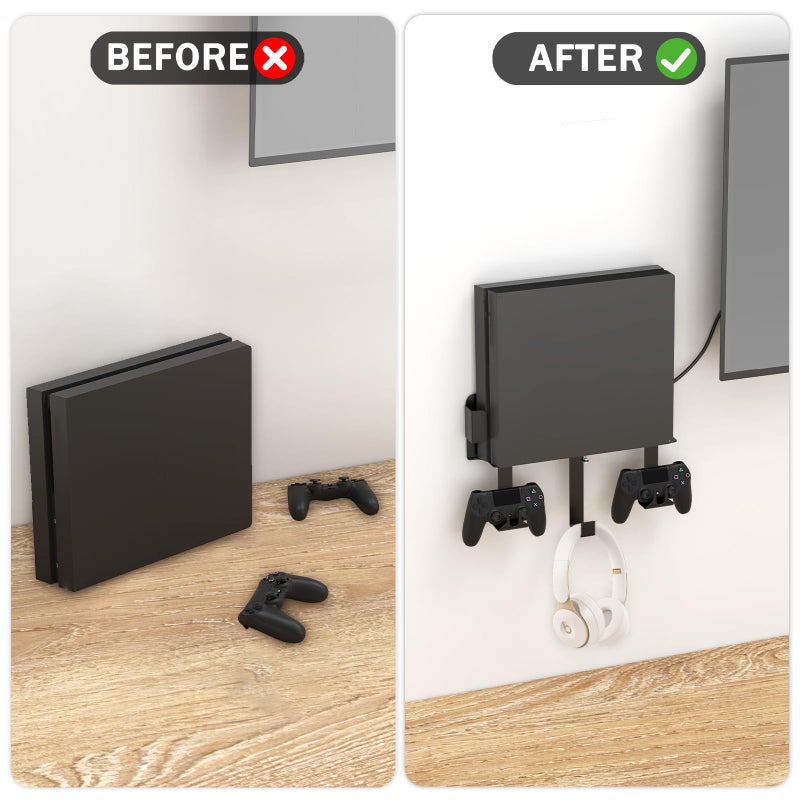 appacare Wall Mount Bracket Compatible for PS4 Slim,PS4 Slim Wall Mount Holder with Detachable 2 Controller Holder & Headphone Hanger,Mount on The Wall or The Back of The TV - Image 3
