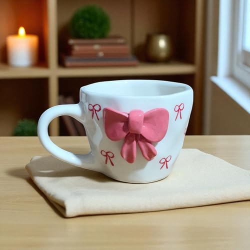 ClayStone Pink & White Tie Design Aesthetic Ceramic Coffee Mug, 200ml - Microwave & Dishwasher Safe - Image 1