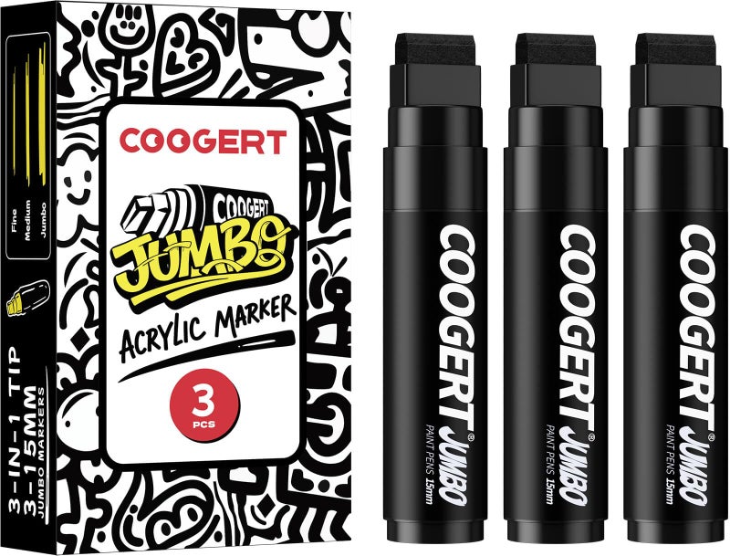 Coogert 3Pcs Black Jumbo Poster Markers, 15MM Thick Permanent Acrylic Graffiti Markers, Wide Tip Paint Marker for Canvas, Posters Board, Fabric, Window, Glass, Wood, Teachers,Banner painting supplie - Image 1