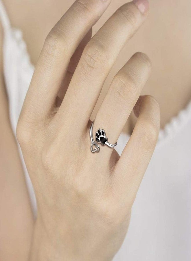 Sariel Puppy Pet Lovers Paw Print Heart 925 Sterling Silver Adjustable Ring - Animal Jewelry Creative Pierced Love Dog Cat Claw - Pet Loving Friend Families Gifts (Black Heart Paw) - Image 5