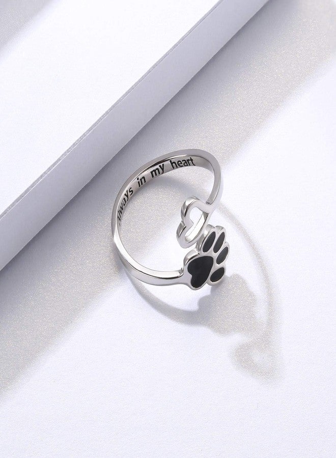 Sariel Puppy Pet Lovers Paw Print Heart 925 Sterling Silver Adjustable Ring - Animal Jewelry Creative Pierced Love Dog Cat Claw - Pet Loving Friend Families Gifts (Black Heart Paw) - Image 2