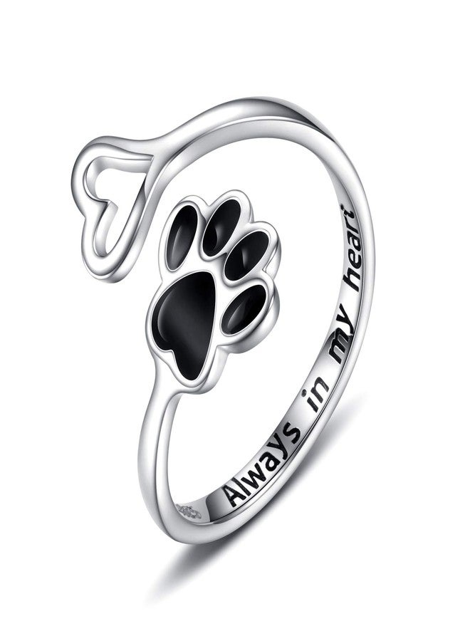 Sariel Puppy Pet Lovers Paw Print Heart 925 Sterling Silver Adjustable Ring - Animal Jewelry Creative Pierced Love Dog Cat Claw - Pet Loving Friend Families Gifts (Black Heart Paw) - Image 1