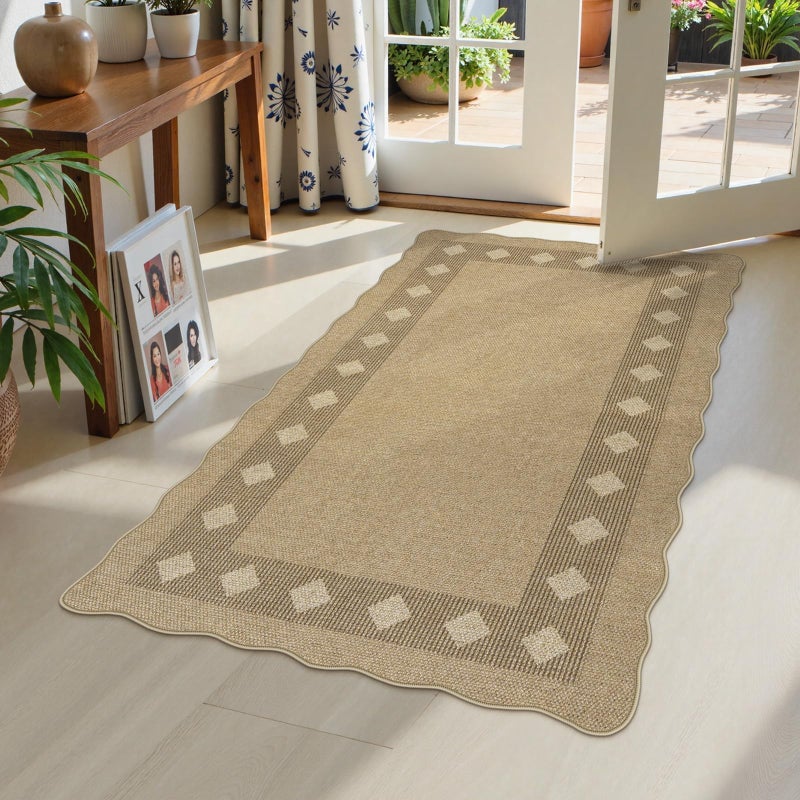 LIVEBOX Scalloped Easy Jute Diamond 3x5 Outdoor Rug, Washable Non-Slip Tan Rugs for Entryway, Geometric Checkered Indoor Outdoor Rug Farmhouse Carpet Door Mat for Patio Porch Bedroom Living Room - Image 1
